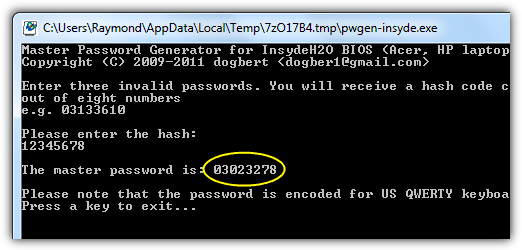 hp bios master password generator